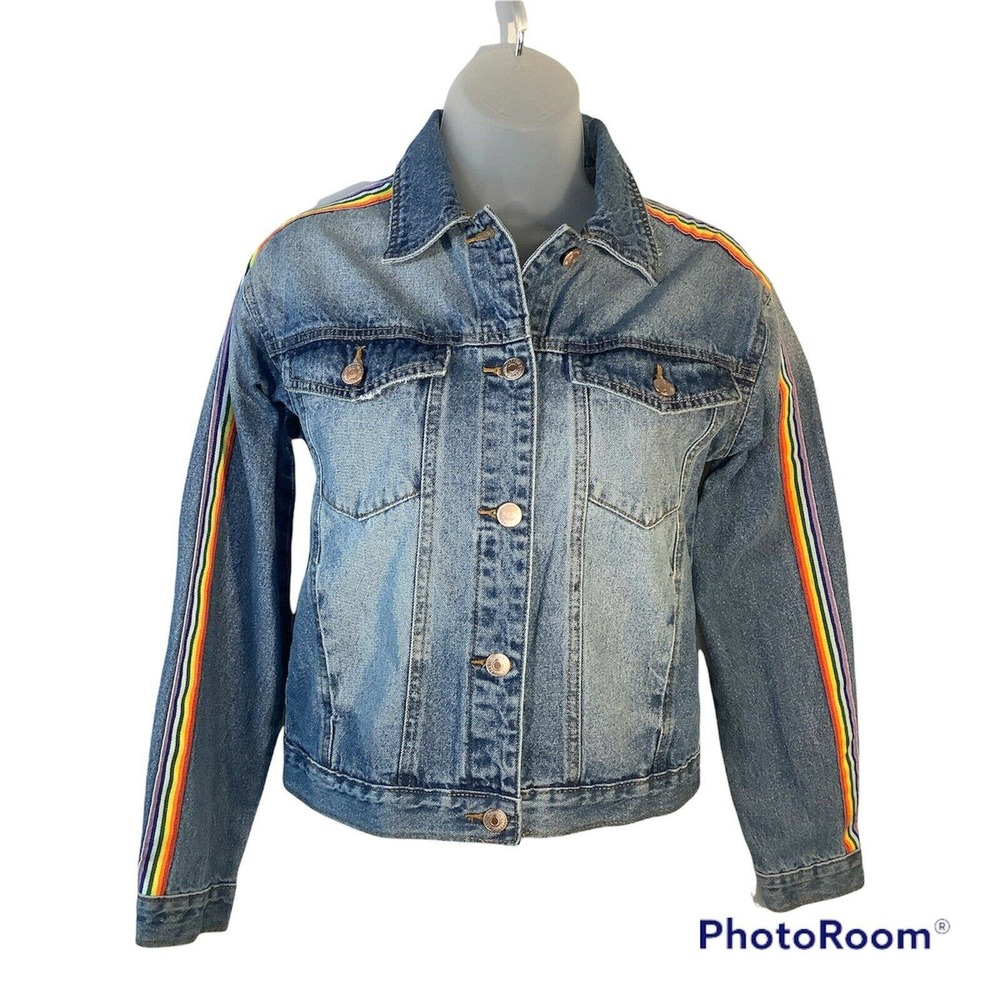 Forever 21 Girls Denim Jacket Size 13/14 Colorful Striped Arms EUC